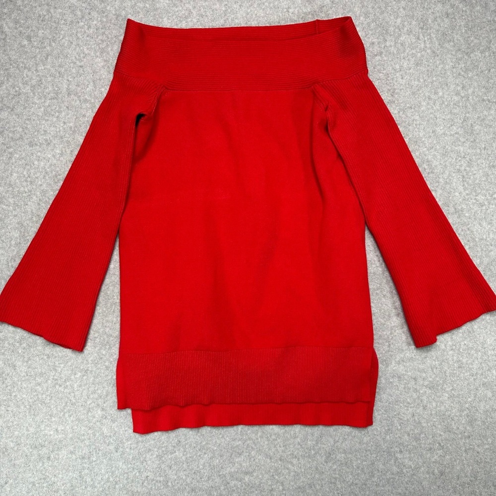 by Anthropologie Red Off The Shoulder Bell Sleeve Ribbed Knit Sweater Top M